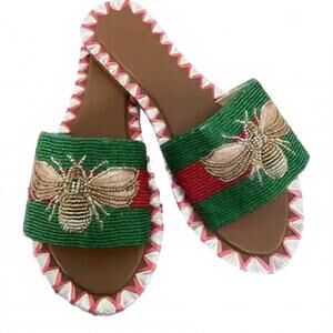 NEW TIANA DESIGNS women's beaded bee slides in green & red